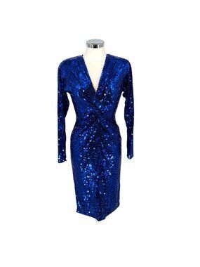Oleg Cassini Vintage 80s Blue Sequin V-Neck Long Sleeve Dress Size 4